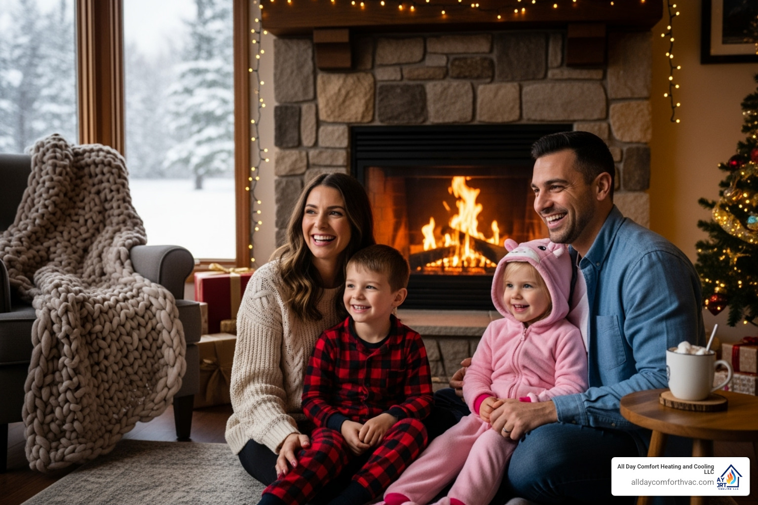 A happy family enjoying a warm home in winter - residential heating repair raytown mo A happy family enjoying a warm home in winter - residential heating repair raytown mo