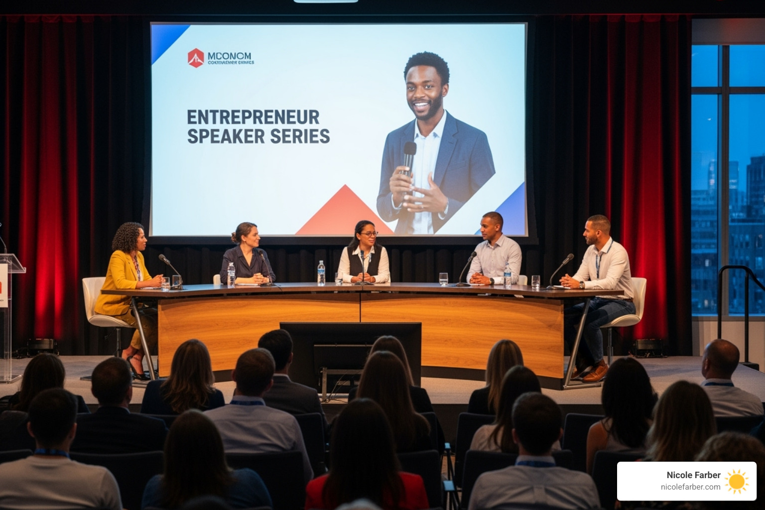 Panel discussion with diverse speakers on a stage, fostering community at an entrepreneur speaker series - entrepreneur speaker series Panel discussion with diverse speakers on a stage, fostering community at an entrepreneur speaker series - entrepreneur speaker series