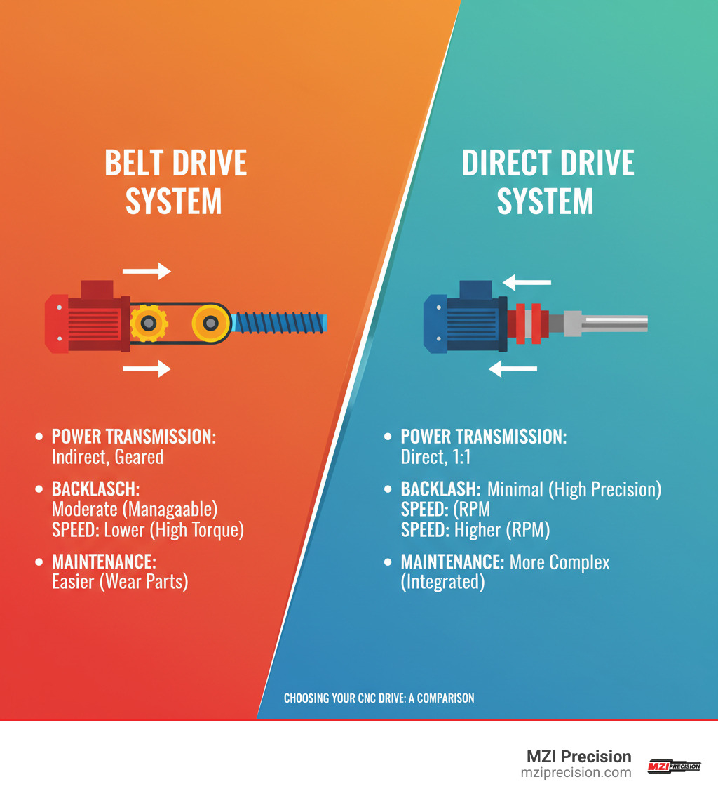 DETAILED COMPARISON INFOGRAPHIC SHOWING BELT DRIVE SYSTEM WITH MOTOR, TIMING BELT, PULLEYS CONNECTING TO BALL SCREW VERSUS DIRECT DRIVE SYSTEM WITH MOTOR DIRECTLY COUPLED TO SPINDLE SHAFT, HIGHLIGHTING KEY DIFFERENCES IN POWER TRANSMISSION, BACKLASH CHARACTERISTICS, SPEED CAPABILITIES, AND MAINTENANCE REQUIREMENTS - BELT VS DIRECT DRIVE CNC INFOGRAPHIC DETAILED COMPARISON INFOGRAPHIC SHOWING BELT DRIVE SYSTEM WITH MOTOR, TIMING BELT, PULLEYS CONNECTING TO BALL SCREW VERSUS DIRECT DRIVE SYSTEM WITH MOTOR DIRECTLY COUPLED TO SPINDLE SHAFT, HIGHLIGHTING KEY DIFFERENCES IN POWER TRANSMISSION, BACKLASH CHARACTERISTICS, SPEED CAPABILITIES, AND MAINTENANCE REQUIREMENTS - BELT VS DIRECT DRIVE CNC INFOGRAPHIC