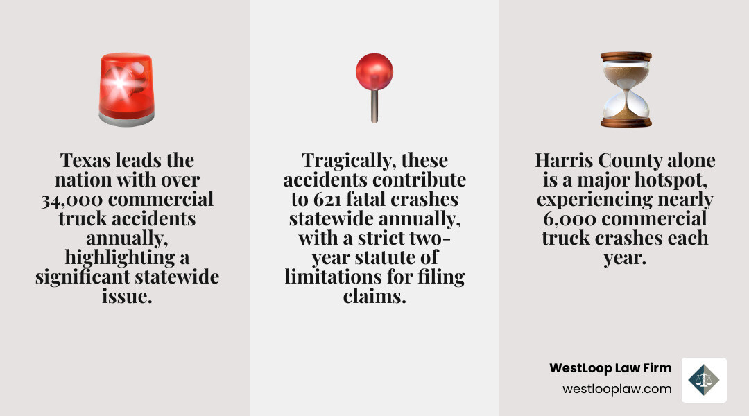 Infographic showing Texas truck accident statistics: 34,000 annual crashes statewide, 621 fatal crashes, Harris County leads with 6,000 crashes per year, and the two-year statute of limitations for filing claims - houston truck accident lawyers infographic 3_facts_emoji_grey