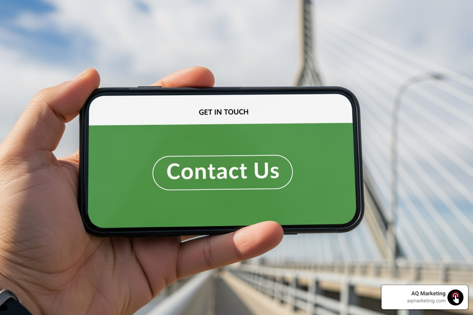 Clear, large "Contact Us" button on a mobile screen, with Boston's Zakim Bridge in the background - mobile friendly business websites Clear, large "Contact Us" button on a mobile screen, with Boston's Zakim Bridge in the background - mobile friendly business websites