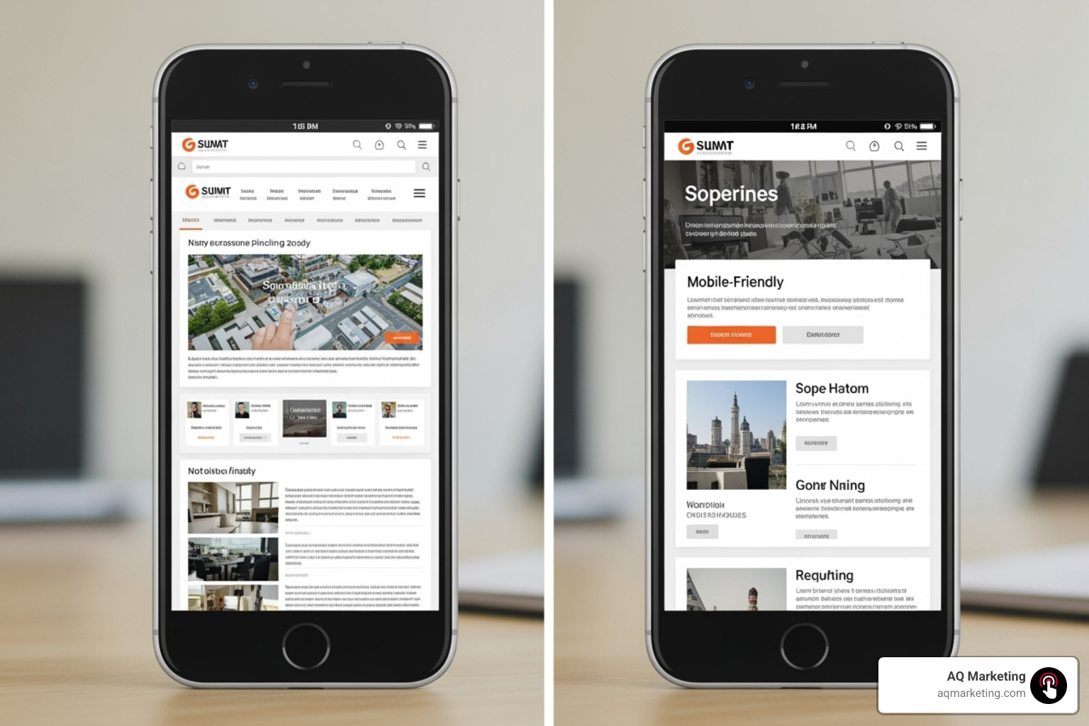 A split image showing a cluttered, hard-to-read mobile website on the left (DON'T) and a clean, easy-to-steer mobile website on the right (DO), set against a backdrop of a New England town square - mobile friendly business websites A split image showing a cluttered, hard-to-read mobile website on the left (DON'T) and a clean, easy-to-steer mobile website on the right (DO), set against a backdrop of a New England town square - mobile friendly business websites