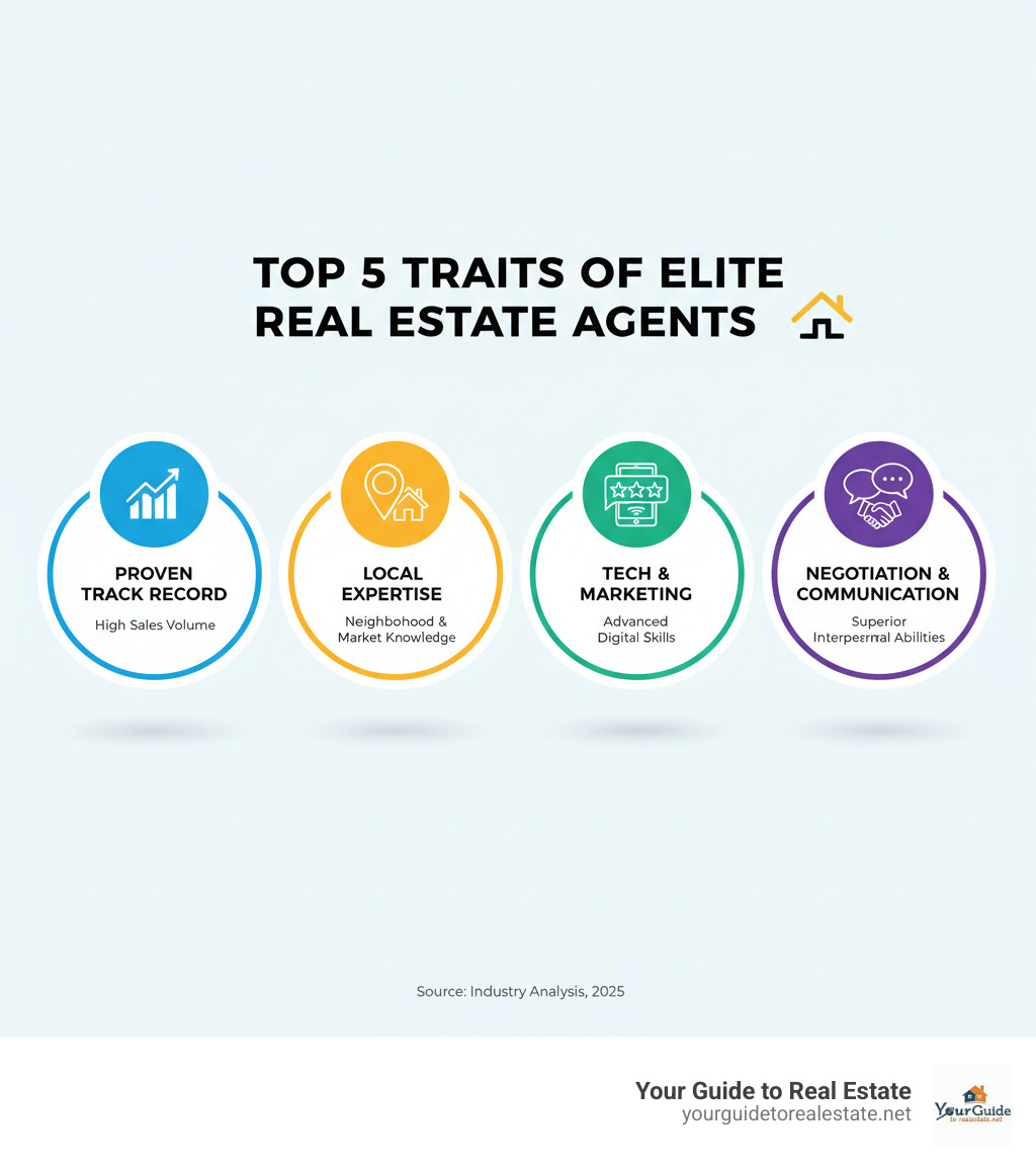 Infographic showing the 5 key traits of top real estate agents: proven track record with high sales volume, deep local market expertise, glowing client reviews and testimonials, advanced marketing and technology skills, and superior negotiation and communication abilities - Best real estate agent infographic 