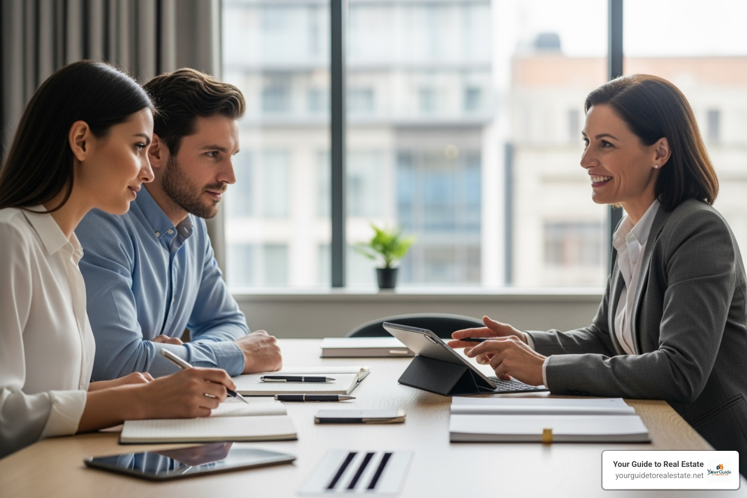 image of a couple sitting across from a real estate agent at a table, taking notes - Best real estate agent