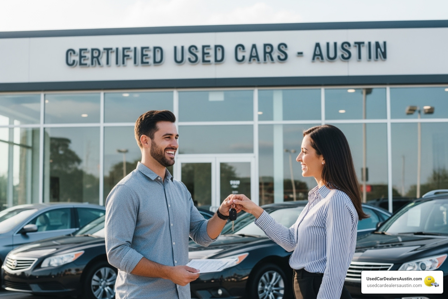 happy person receiving keys to a certified used car in Austin - Low down payment auto