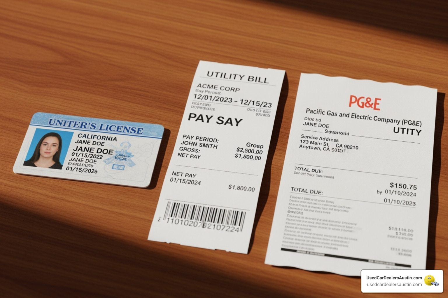 necessary documents like a driver's license, pay stub, and utility bill - Low down payment auto