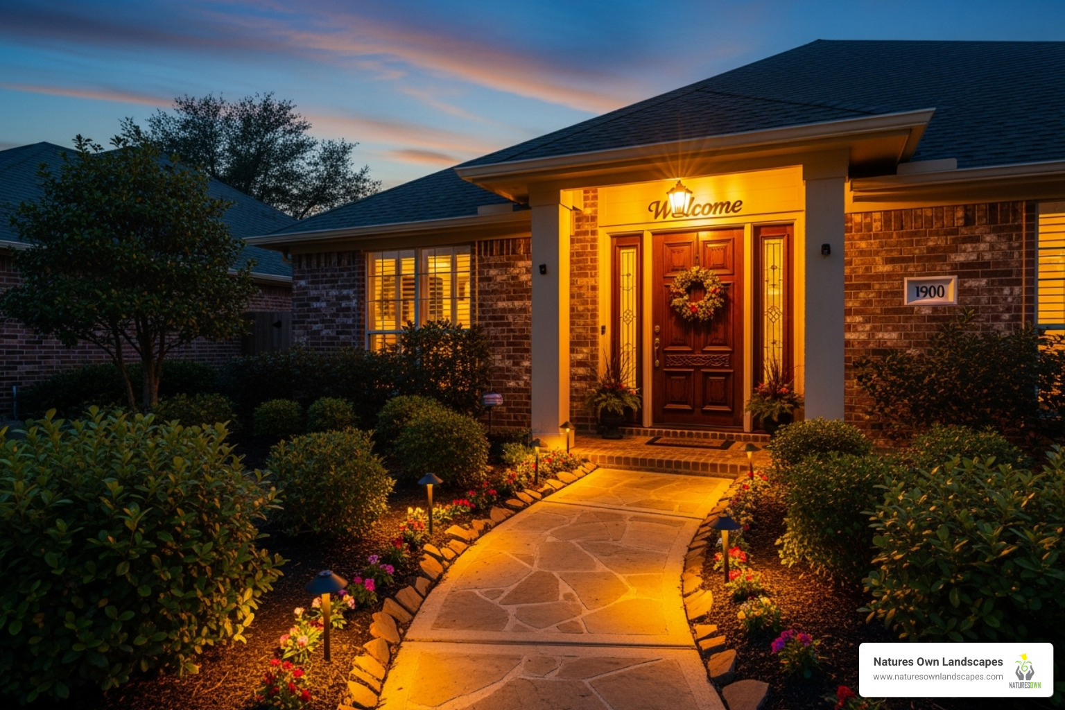 well-lit pathway leading to a front door at dusk - front entrance garden ideas