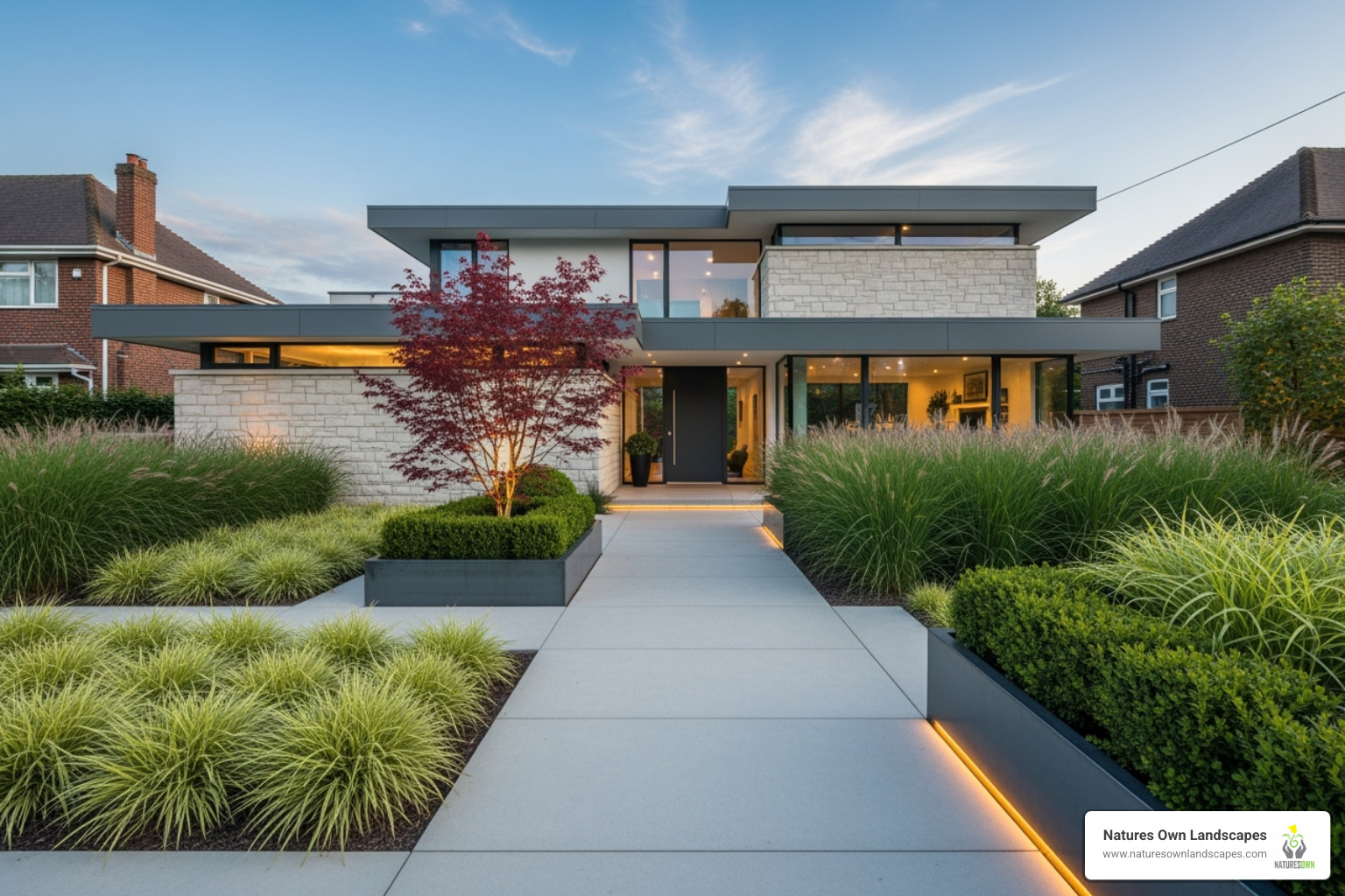 modern front garden with clean lines and ornamental grasses - front entrance garden ideas