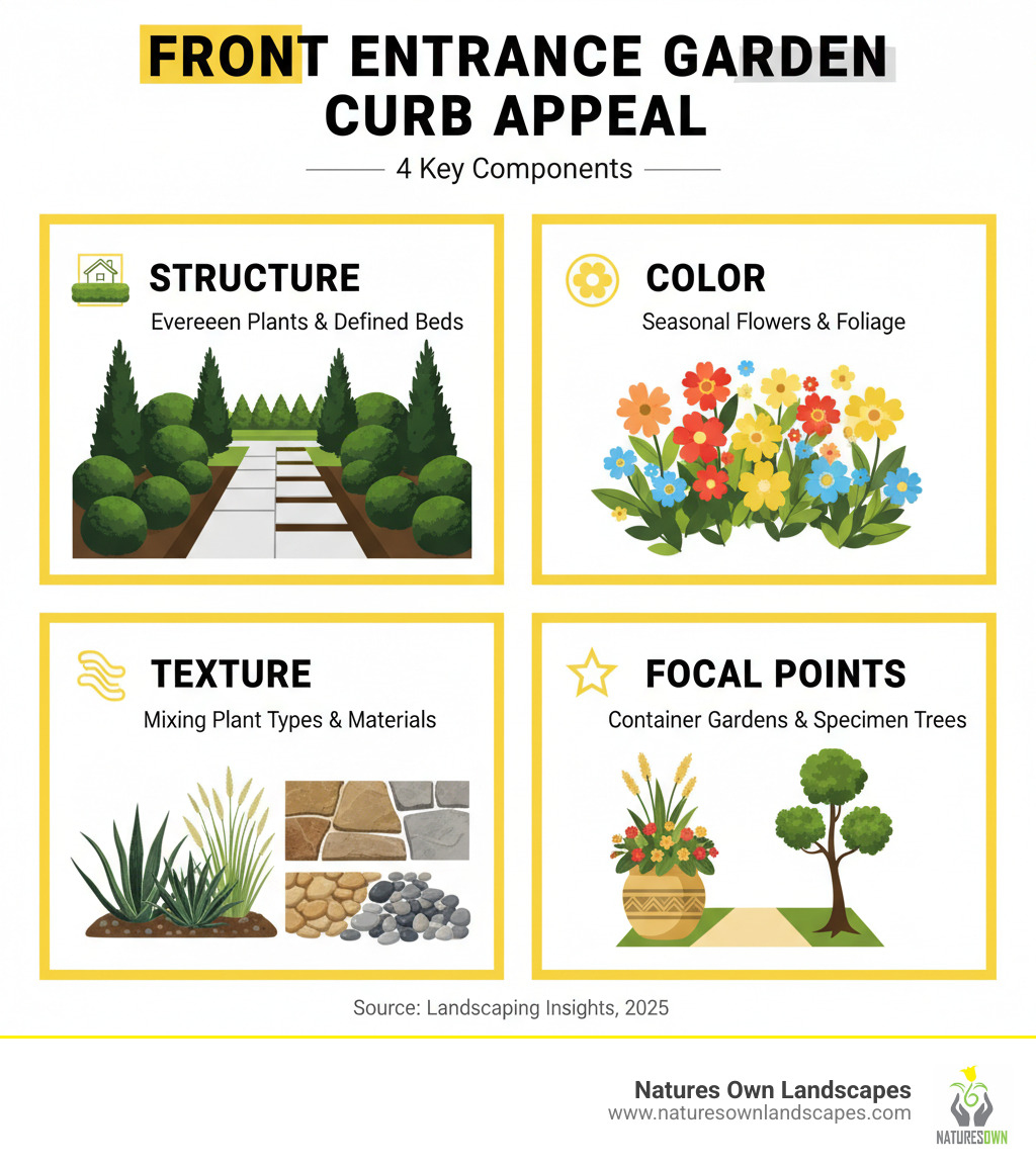 Infographic showing the four key components of front entrance garden curb appeal: Structure with evergreen plants and defined beds, Color through seasonal flowers and foliage, Texture from mixing different plant types and materials, and Focal Points like container gardens or specimen trees - front entrance garden ideas infographic 