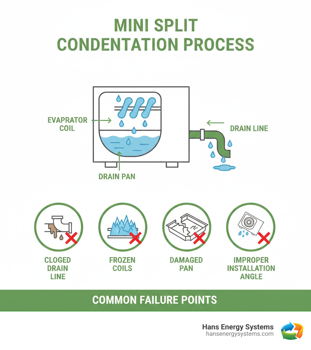 Infographic showing mini split condensation process with evaporator coil creating moisture, water collecting in drain pan, and flowing through drain line to outside, with common failure points highlighted including clogged drain line, frozen coils, damaged pan, and improper installation angle - mini split leaking water infographic 