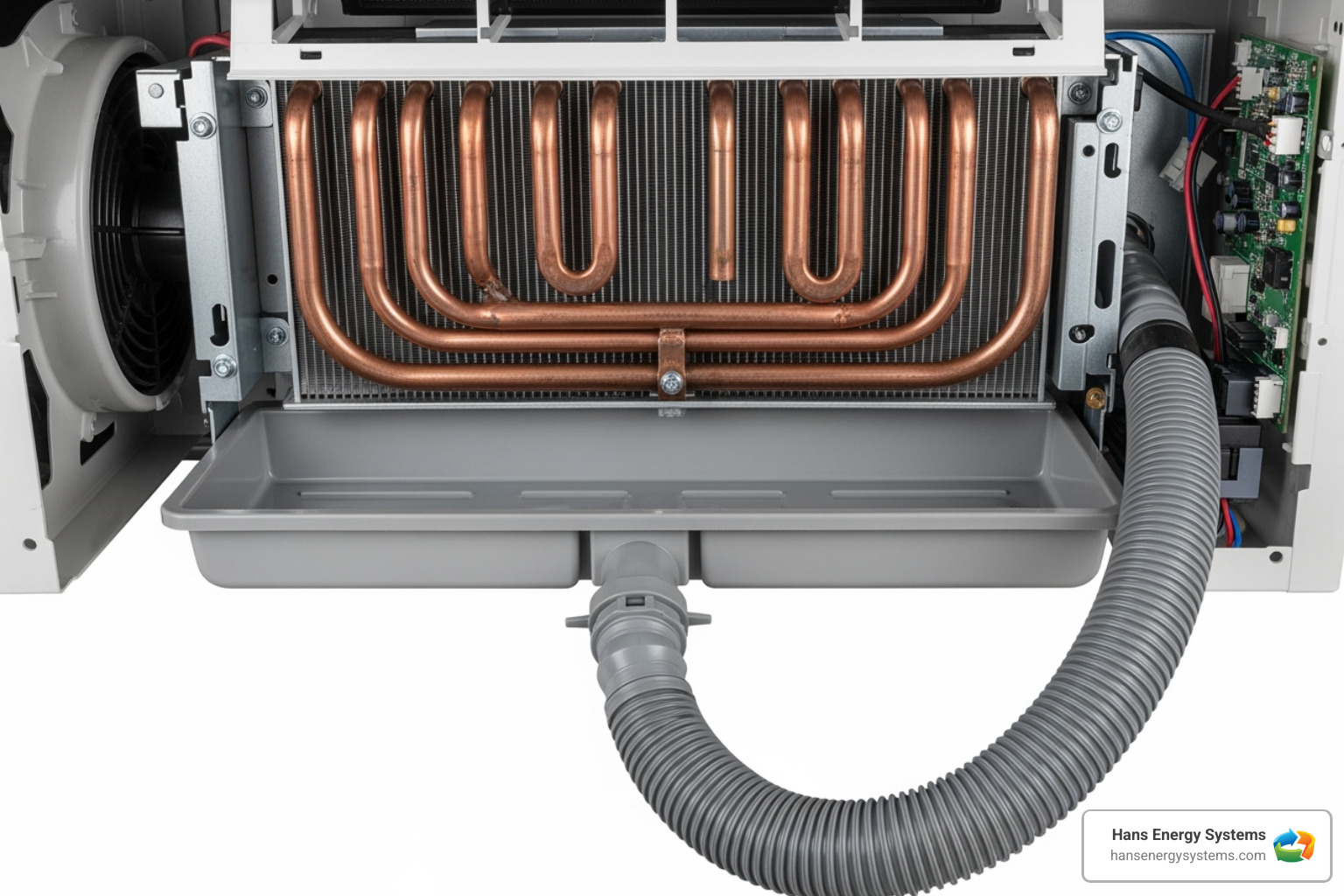 Internal components of a mini split head unit highlighting the coil, pan, and drain line - mini split leaking water