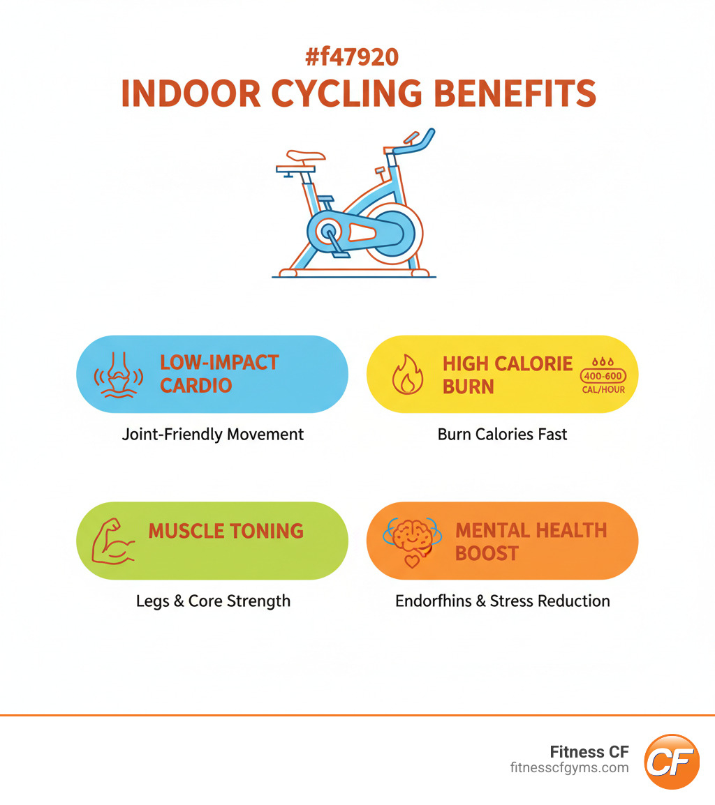 Infographic showing the key benefits of indoor cycling: low-impact cardio with joint-friendly movement, high calorie burn of 400-600 calories per hour, muscle toning for legs and core, and mental health boost through endorphin release and stress reduction - spin bike infographic 