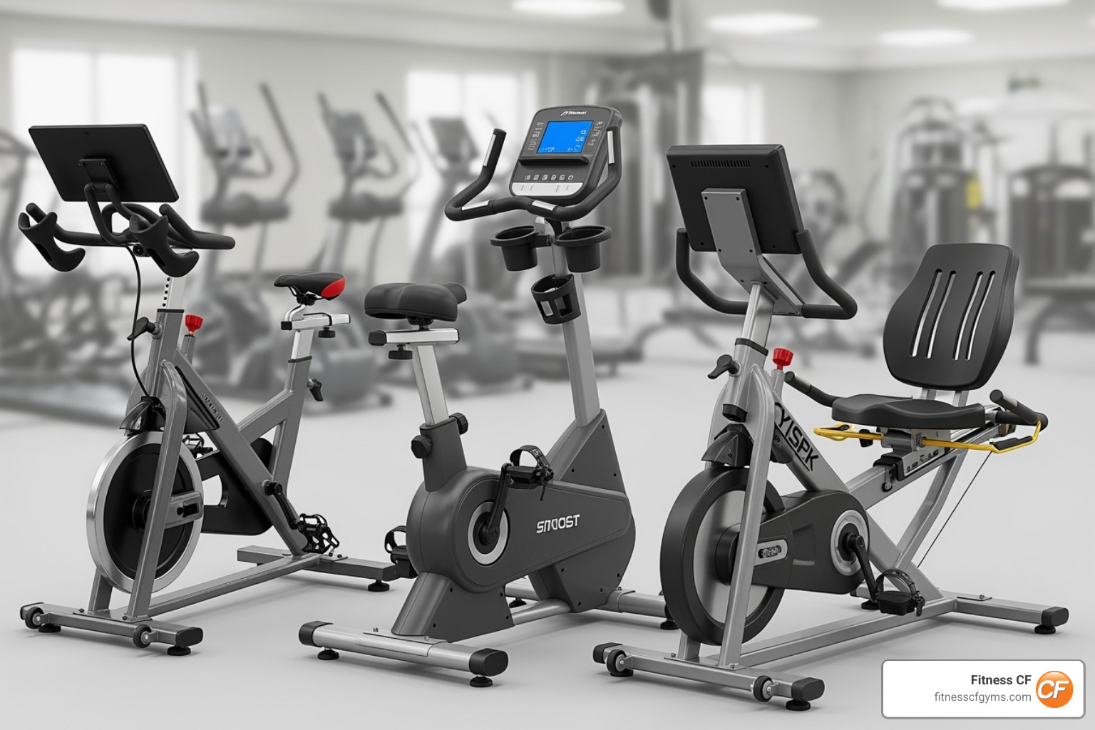 image of a spin bike, an upright bike, and a recumbent bike side-by-side to show the difference in posture - spin bike