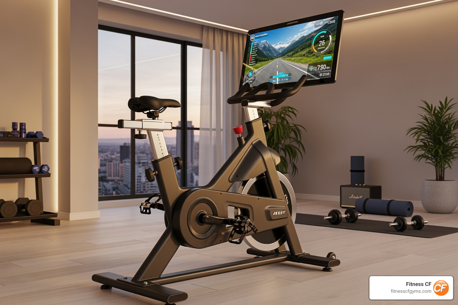 image of a sleek, modern spin bike with a large integrated screen - spin bike
