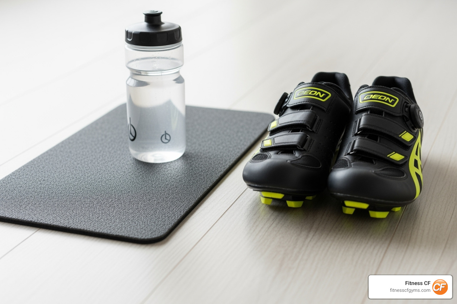 image of spin bike accessories like cycling shoes, a floor mat, and a water bottle - spin bike
