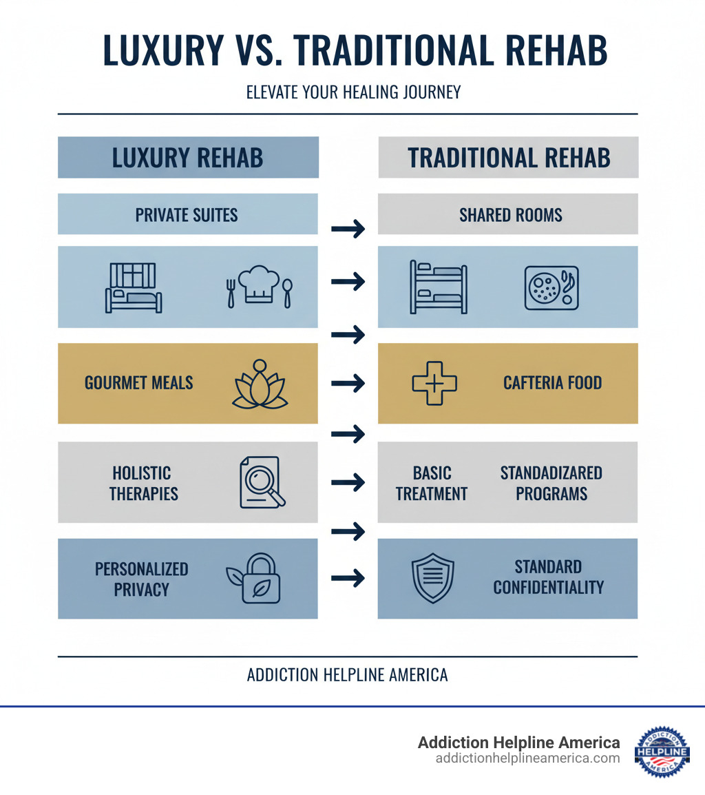 Infographic showing key differences between luxury and traditional rehab centers including private rooms vs shared accommodations, gourmet meals vs standard cafeteria food, holistic therapies vs basic treatment, personalized care plans vs standardized programs, and improved privacy vs standard confidentiality - luxury rehab california infographic  Infographic showing key differences between luxury and traditional rehab centers including private rooms vs shared accommodations, gourmet meals vs standard cafeteria food, holistic therapies vs basic treatment, personalized care plans vs standardized programs, and improved privacy vs standard confidentiality - luxury rehab california infographic