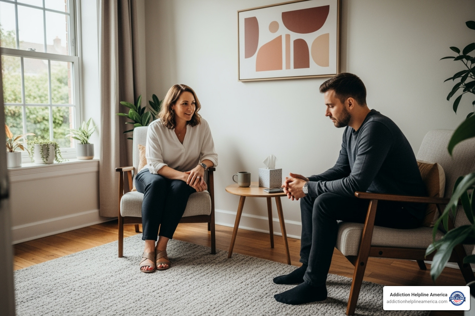 A client and therapist engaged in a one-on-one therapy session in a comfortable, well-designed room with natural light - luxury rehab california A client and therapist engaged in a one-on-one therapy session in a comfortable, well-designed room with natural light - luxury rehab california