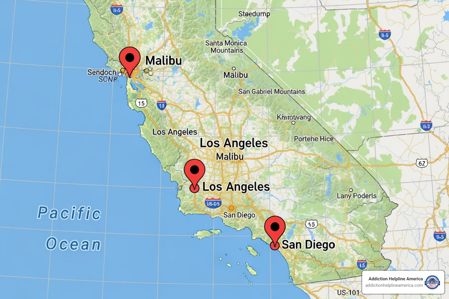 Map of California highlighting Malibu, Los Angeles, and San Diego with markers - luxury rehab california Map of California highlighting Malibu, Los Angeles, and San Diego with markers - luxury rehab california