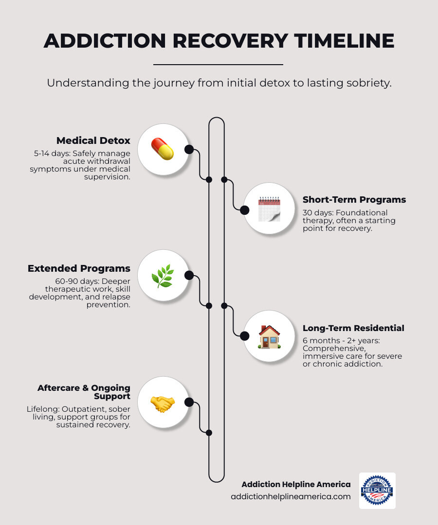 Infographic showing the typical addiction recovery timeline from medical detox (5-14 days) through short-term programs (30 days), extended programs (60-90 days), long-term residential care (6+ months), and continuing aftercare support including outpatient treatment, support groups, and sober living arrangements - how long rehab infographic infographic-line-5-steps-neat_beige