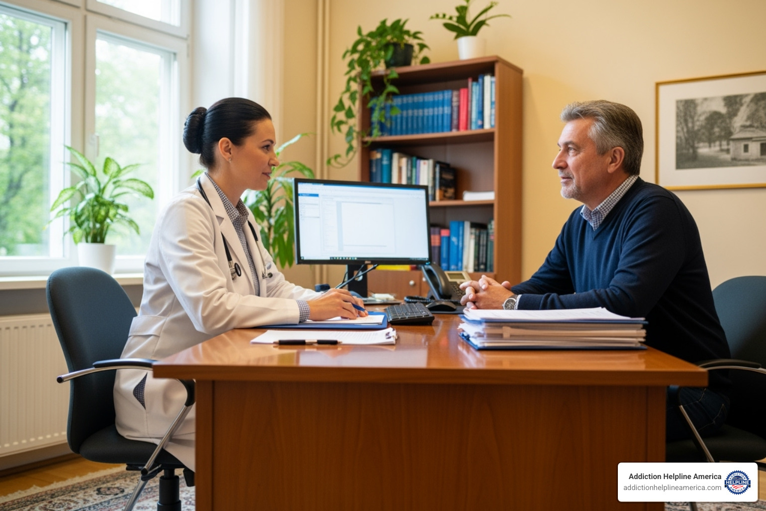 A clinician and patient having a one-on-one consultation in a warm, professional setting - how long rehab