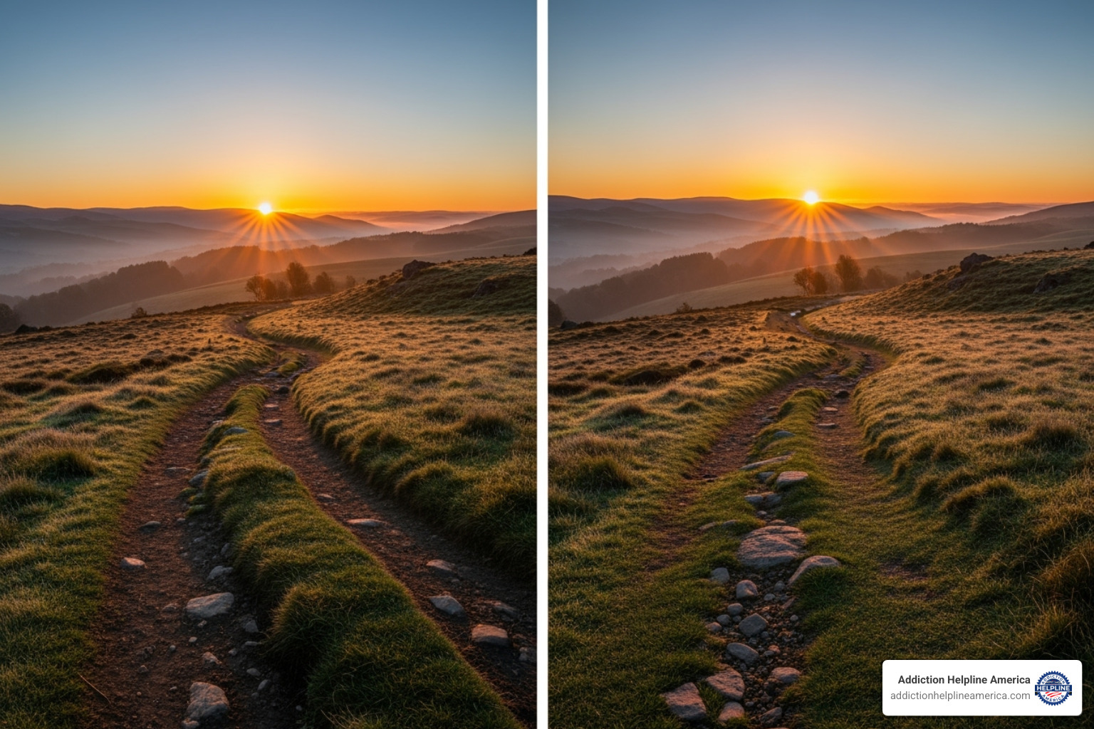 Two paths, one short and one long, both leading to a sunrise representing recovery - how long rehab