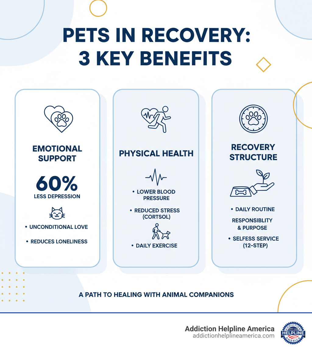 Infographic showing the top 3 emotional and physical benefits of pets for individuals in recovery: 1) Emotional Support - 60% less likely to suffer from depression, provides unconditional love and reduces loneliness during vulnerable recovery periods, 2) Physical Health Benefits - Lower blood pressure and reduced stress hormones (cortisol), encourages daily exercise through walks and play, 3) Recovery Structure - Creates daily routine through feeding and care schedules, builds sense of responsibility and purpose, supports 12-step philosophy of selfless service - pet friendly sober living infographic  Infographic showing the top 3 emotional and physical benefits of pets for individuals in recovery: 1) Emotional Support - 60% less likely to suffer from depression, provides unconditional love and reduces loneliness during vulnerable recovery periods, 2) Physical Health Benefits - Lower blood pressure and reduced stress hormones (cortisol), encourages daily exercise through walks and play, 3) Recovery Structure - Creates daily routine through feeding and care schedules, builds sense of responsibility and purpose, supports 12-step philosophy of selfless service - pet friendly sober living infographic