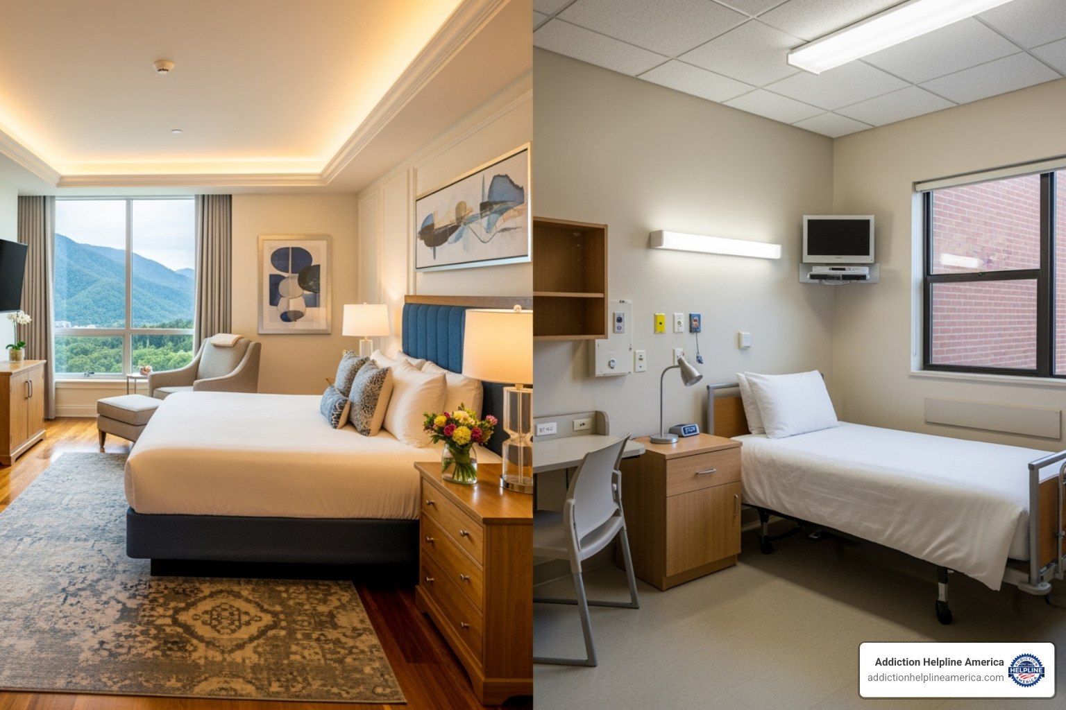 A side-by-side comparison of a luxurious, private rehab room and a standard, comfortable facility room - rehab in Pasadena A side-by-side comparison of a luxurious, private rehab room and a standard, comfortable facility room - rehab in Pasadena