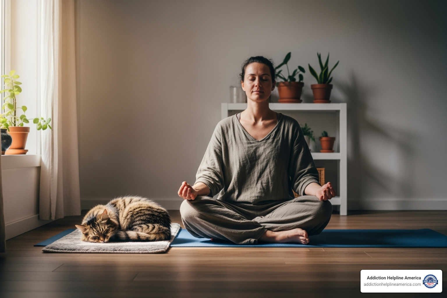 a person meditating on the floor while their cat rests peacefully nearby - pet friendly sober living a person meditating on the floor while their cat rests peacefully nearby - pet friendly sober living