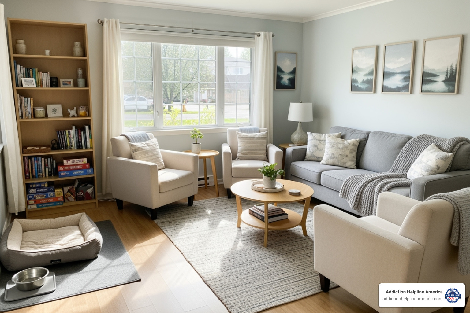 a clean, shared living room with a designated pet bed and water bowl - pet friendly sober living a clean, shared living room with a designated pet bed and water bowl - pet friendly sober living