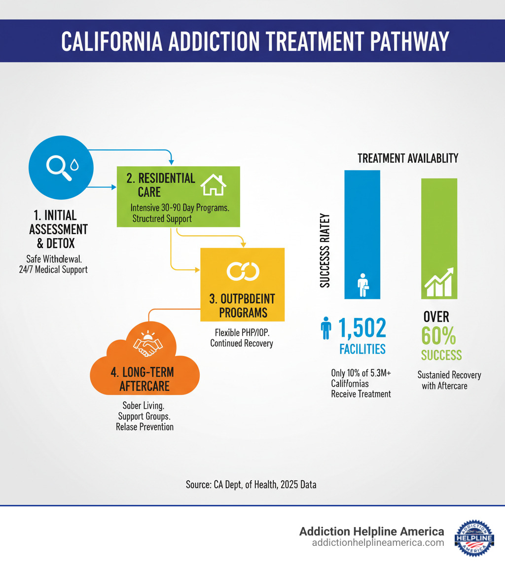 Comprehensive infographic showing the addiction treatment pathway in California, from initial assessment and detox through residential care, outpatient programs, and long-term aftercare support, with statistics on treatment availability and success rates - addiction treatment california infographic  Comprehensive infographic showing the addiction treatment pathway in California, from initial assessment and detox through residential care, outpatient programs, and long-term aftercare support, with statistics on treatment availability and success rates - addiction treatment california infographic