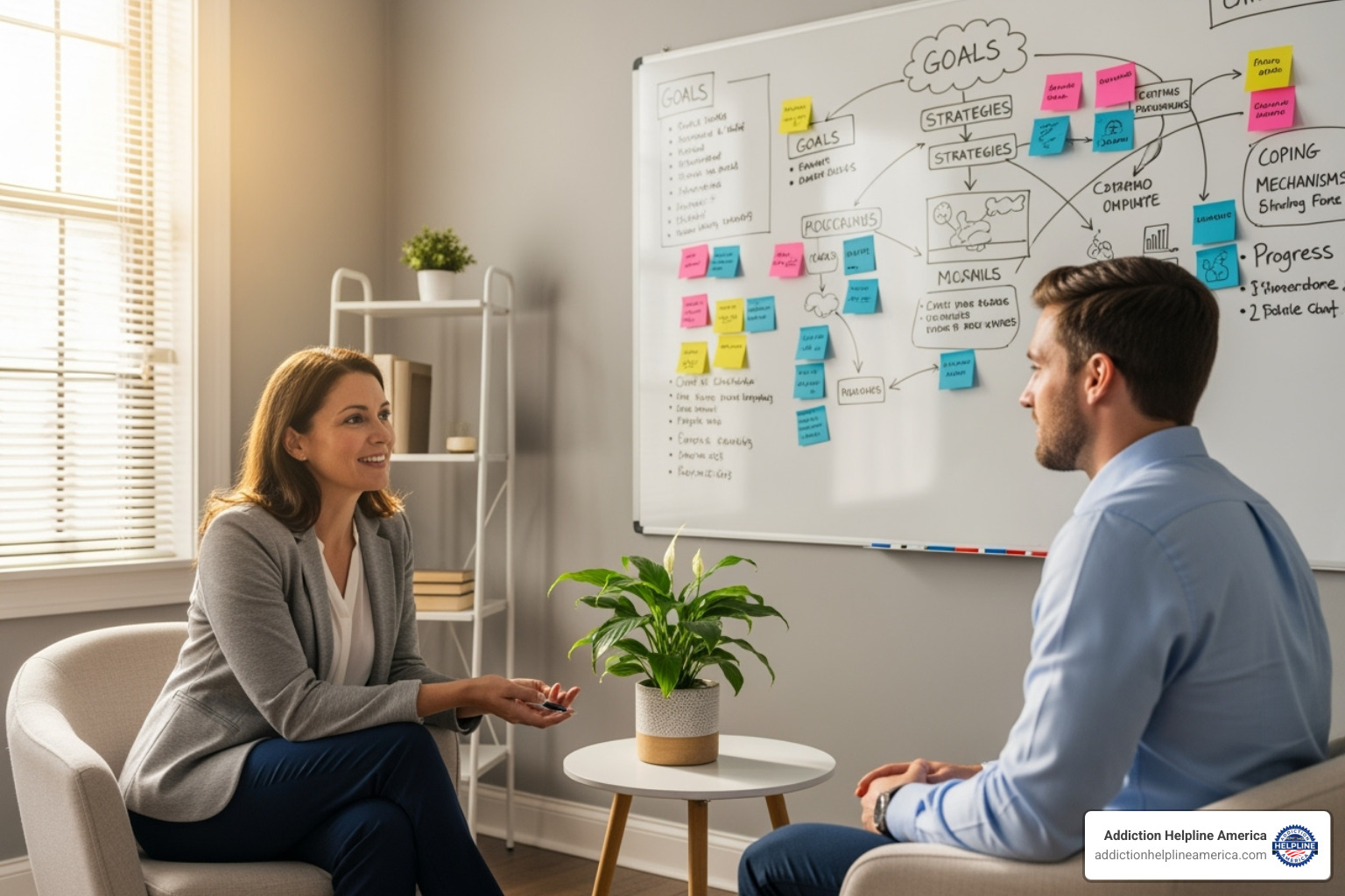 A therapist and client sitting opposite each other, engaged in a collaborative discussion, with a whiteboard in the background showing notes or diagrams, symbolizing teamwork in therapy - cognitive behavioral therapy A therapist and client sitting opposite each other, engaged in a collaborative discussion, with a whiteboard in the background showing notes or diagrams, symbolizing teamwork in therapy - cognitive behavioral therapy