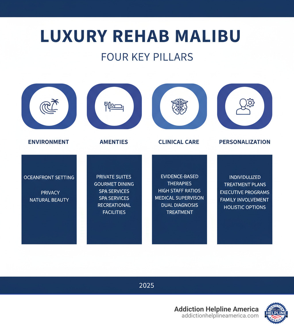 Infographic showing the four key pillars of luxury rehab in Malibu: Environment (oceanfront setting, privacy, natural beauty), Amenities (private suites, gourmet dining, spa services, recreational facilities), Clinical Care (evidence-based therapies, high staff ratios, medical supervision, dual diagnosis treatment), and Personalization (individualized treatment plans, executive programs, family involvement, holistic options) - Luxury drug rehab Malibu infographic  Infographic showing the four key pillars of luxury rehab in Malibu: Environment (oceanfront setting, privacy, natural beauty), Amenities (private suites, gourmet dining, spa services, recreational facilities), Clinical Care (evidence-based therapies, high staff ratios, medical supervision, dual diagnosis treatment), and Personalization (individualized treatment plans, executive programs, family involvement, holistic options) - Luxury drug rehab Malibu infographic
