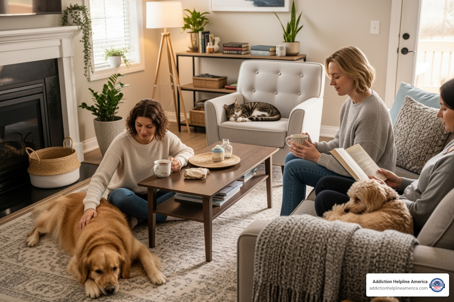 a person on a laptop searching for recovery options, with their pet looking on - pet friendly sober living a person on a laptop searching for recovery options, with their pet looking on - pet friendly sober living