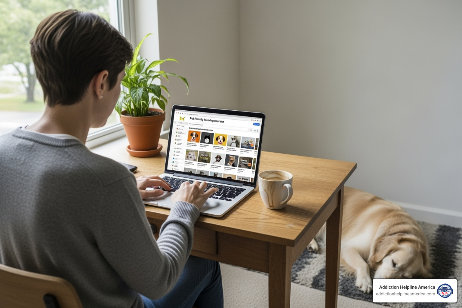 Person on a laptop searching for pet-friendly housing - sober living that allows pets Person on a laptop searching for pet-friendly housing - sober living that allows pets