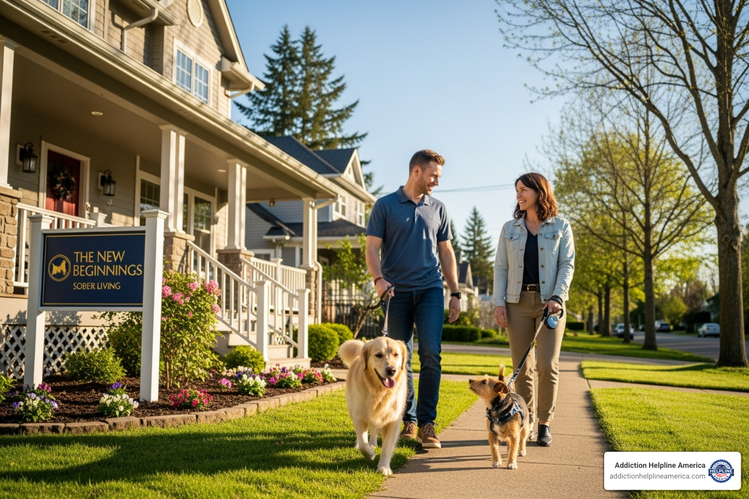 Two residents walking their dogs together outside a sober living home - sober living that allows pets Two residents walking their dogs together outside a sober living home - sober living that allows pets
