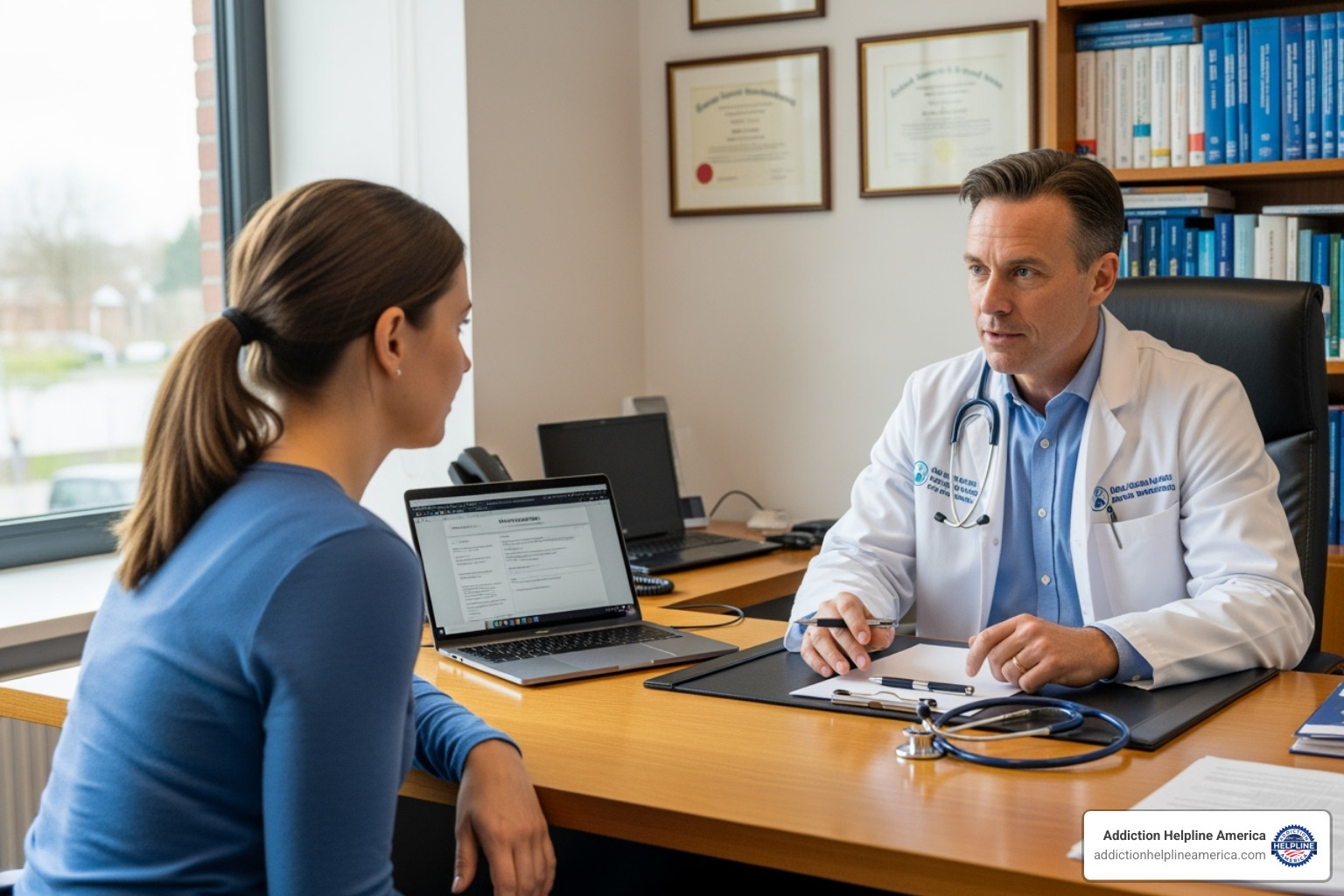 Image of a patient consulting with a doctor in an office setting - Suboxone for opioid addiction Image of a patient consulting with a doctor in an office setting - Suboxone for opioid addiction