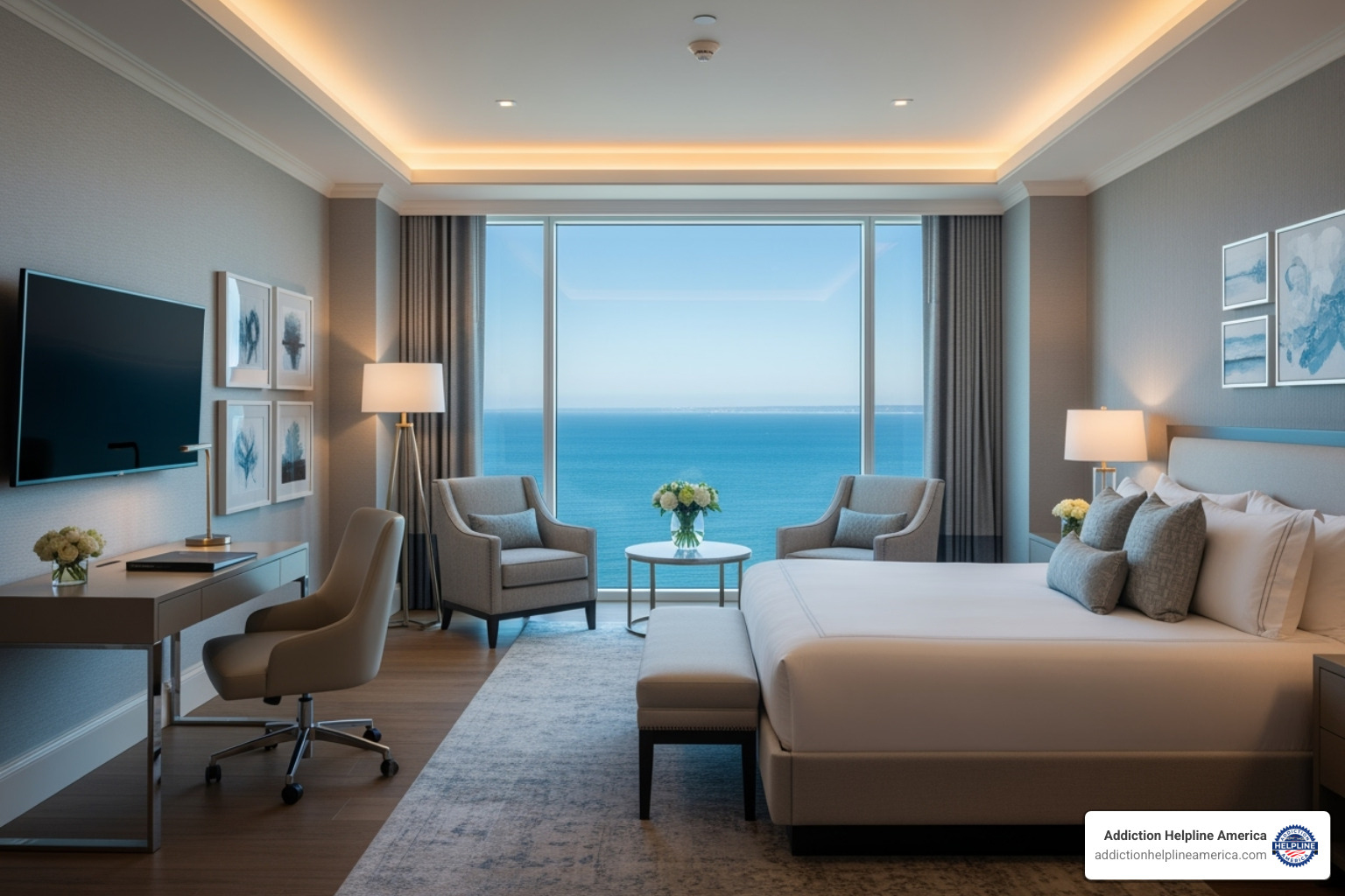 A private, well-appointed suite with an ocean view in a luxury rehab center - Luxury drug rehab Malibu A private, well-appointed suite with an ocean view in a luxury rehab center - Luxury drug rehab Malibu