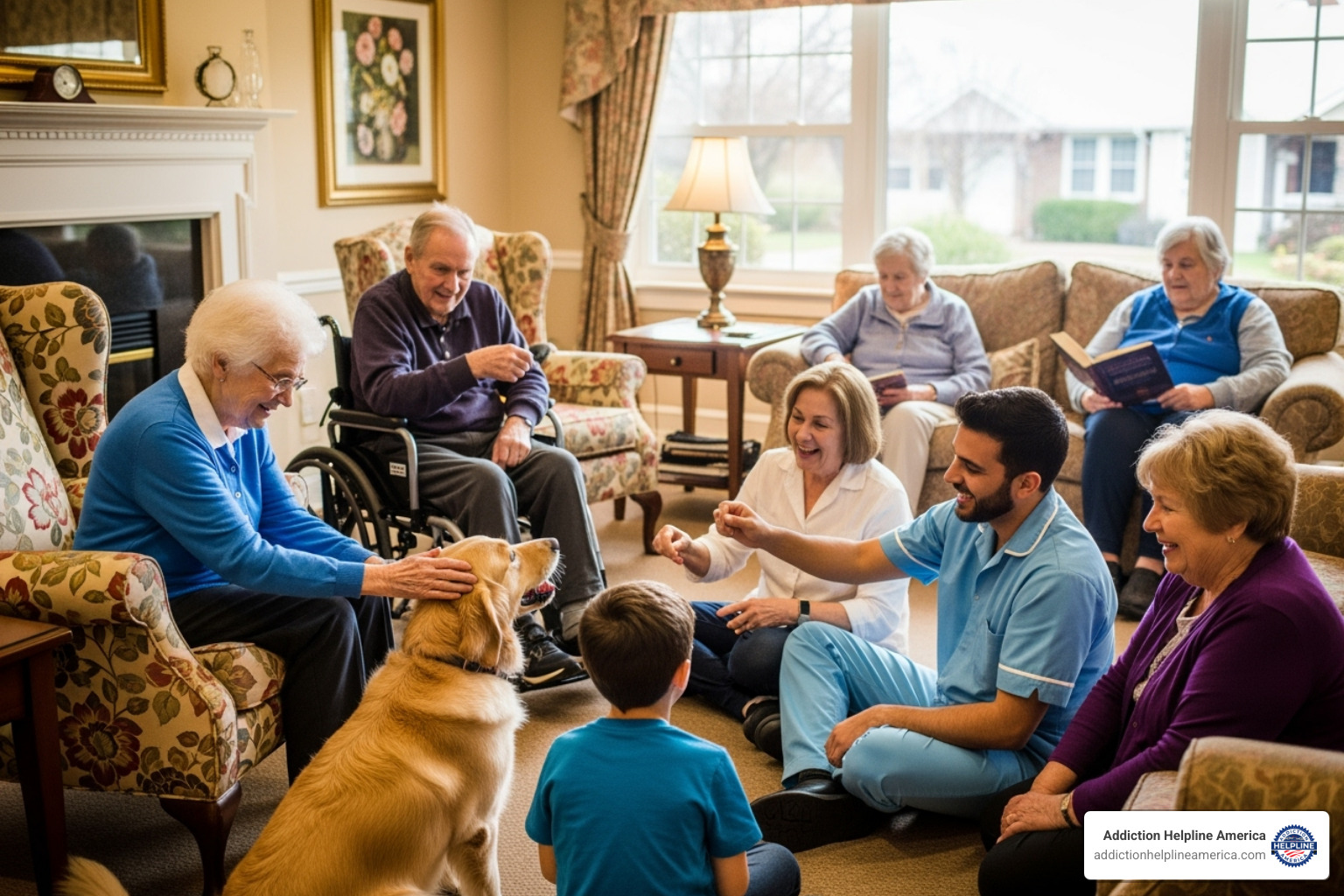 Residents interacting with a communal house pet in a living room - sober living that allows pets Residents interacting with a communal house pet in a living room - sober living that allows pets