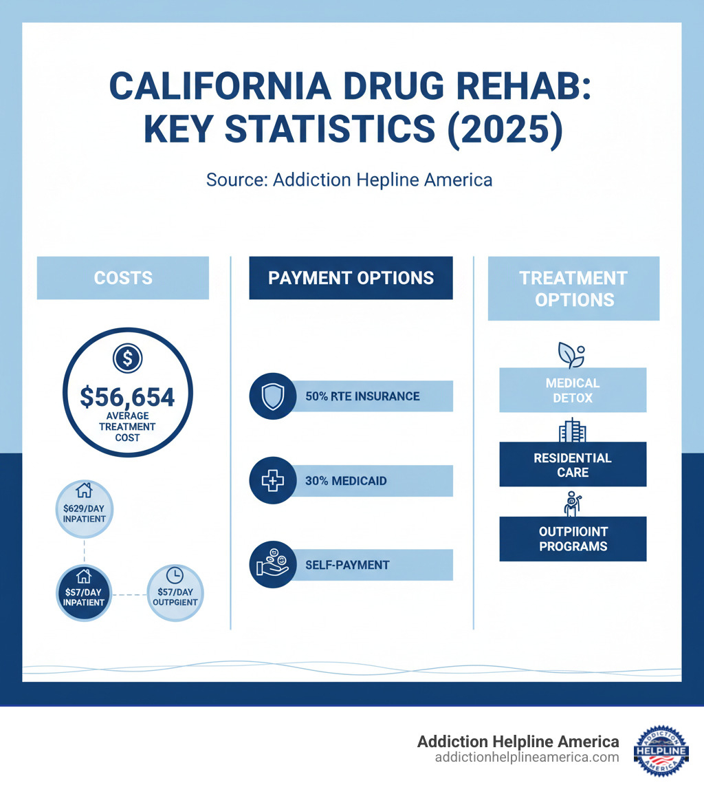 Infographic showing California drug rehab statistics: average treatment cost of $56,654, 50% of facilities accept private insurance, 30% accept Medicaid, 80% accept self-payment, daily inpatient cost of $629, daily outpatient cost of $57, and key treatment options including medical detox, residential care, and outpatient programs - Drug rehab California infographic  Infographic showing California drug rehab statistics: average treatment cost of $56,654, 50% of facilities accept private insurance, 30% accept Medicaid, 80% accept self-payment, daily inpatient cost of $629, daily outpatient cost of $57, and key treatment options including medical detox, residential care, and outpatient programs - Drug rehab California infographic