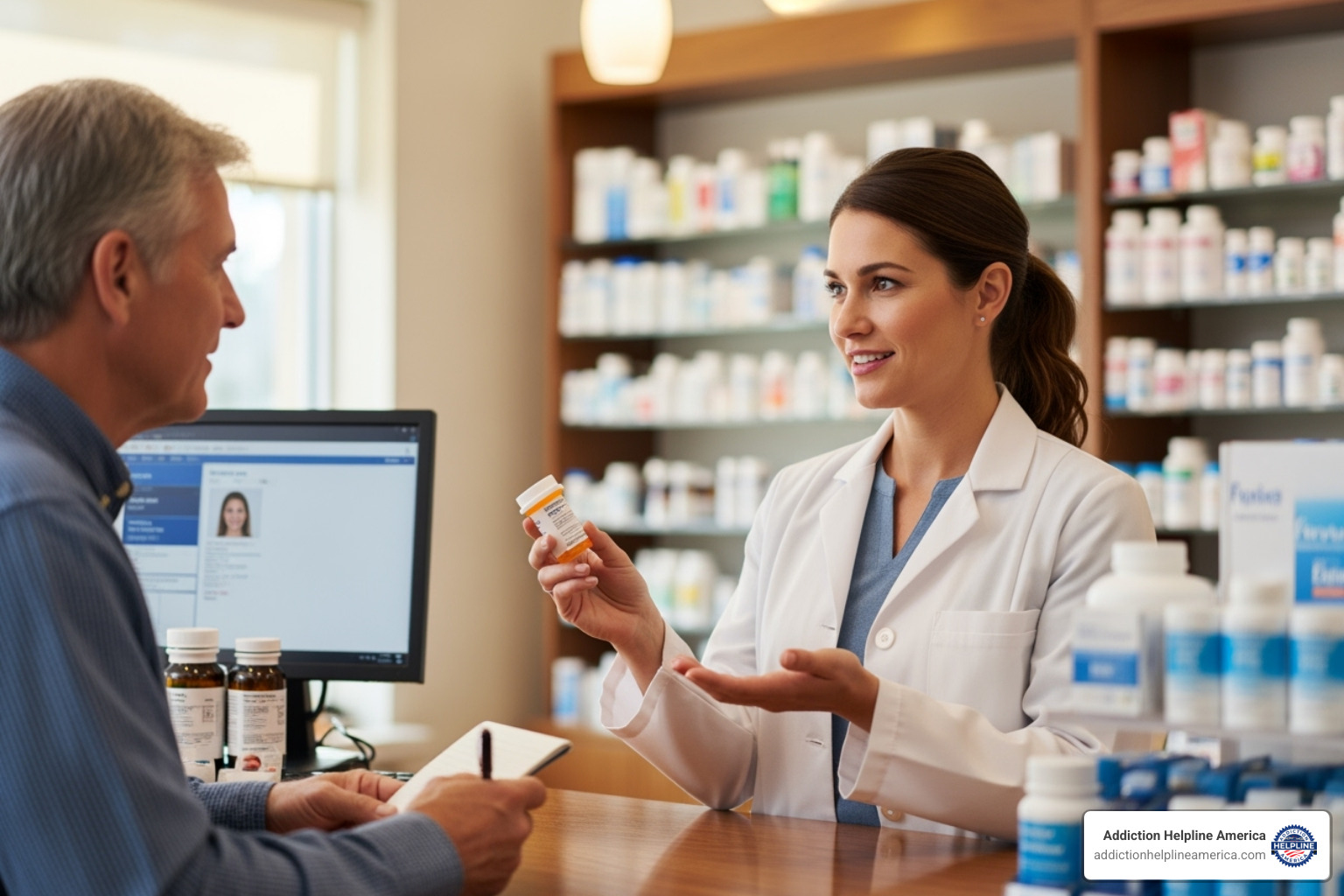 A pharmacist in a white coat consults with a patient, holding a prescription bottle, symbolizing medication management in addiction treatment - Alcohol abuse treatment