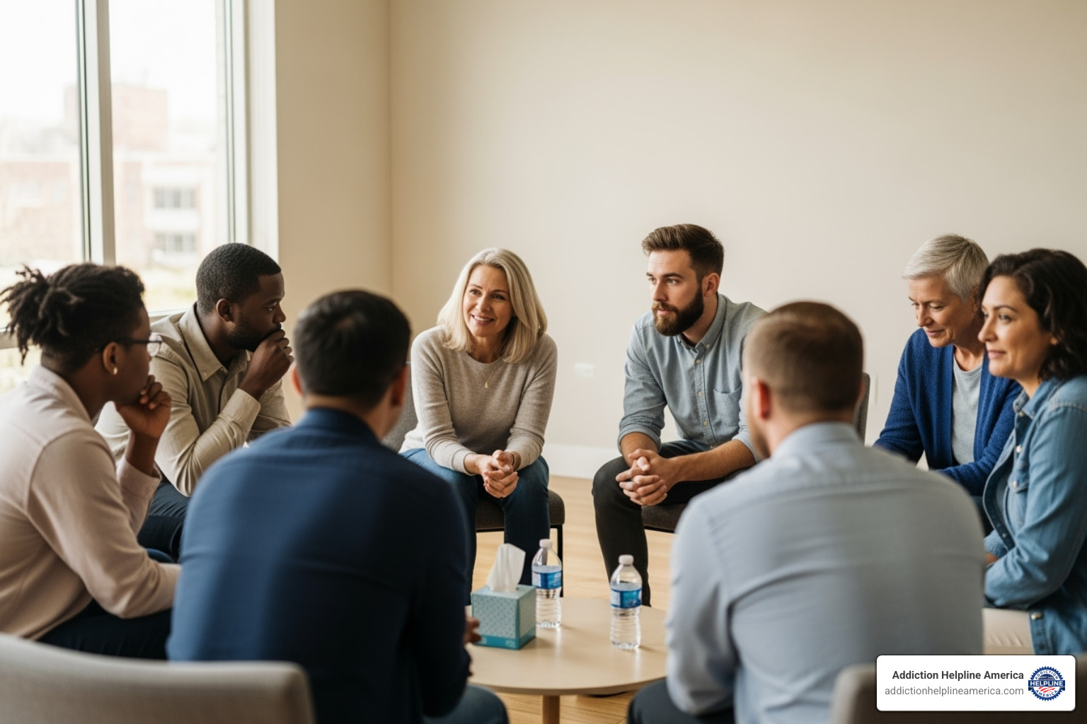 Image of a diverse group of people sitting in a circle in a brightly lit room, engaged in conversation and listening, symbolizing a support group meeting - Alcohol abuse treatment