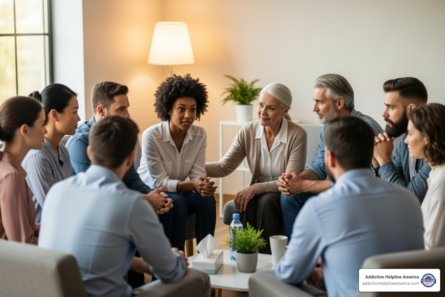 A diverse group of individuals participating in a supportive group therapy session, showing empathy and connection - alcohol rehab centers in new orleans A diverse group of individuals participating in a supportive group therapy session, showing empathy and connection - alcohol rehab centers in new orleans