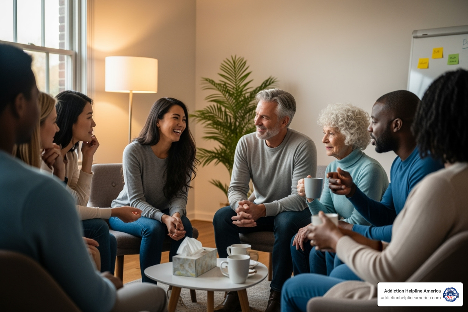 A group of diverse individuals in an alumni support meeting, smiling and connecting - Drug rehab California A group of diverse individuals in an alumni support meeting, smiling and connecting - Drug rehab California