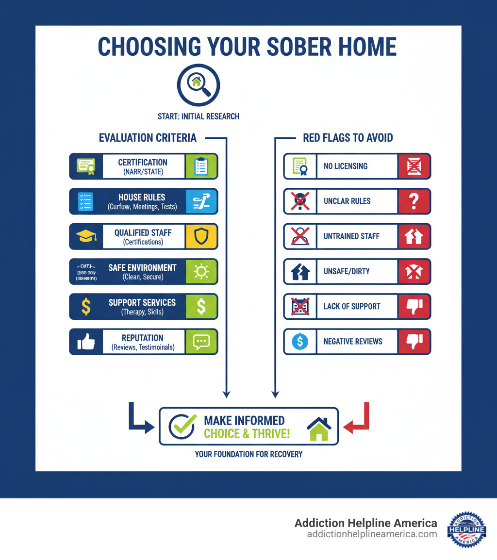Comprehensive infographic showing the step-by-step process of how to choose sober living, including evaluation criteria like certification requirements, staff qualifications, house rules, cost considerations, location factors, and red flags to avoid, with visual icons and flowchart elements - how to choose sober living infographic 