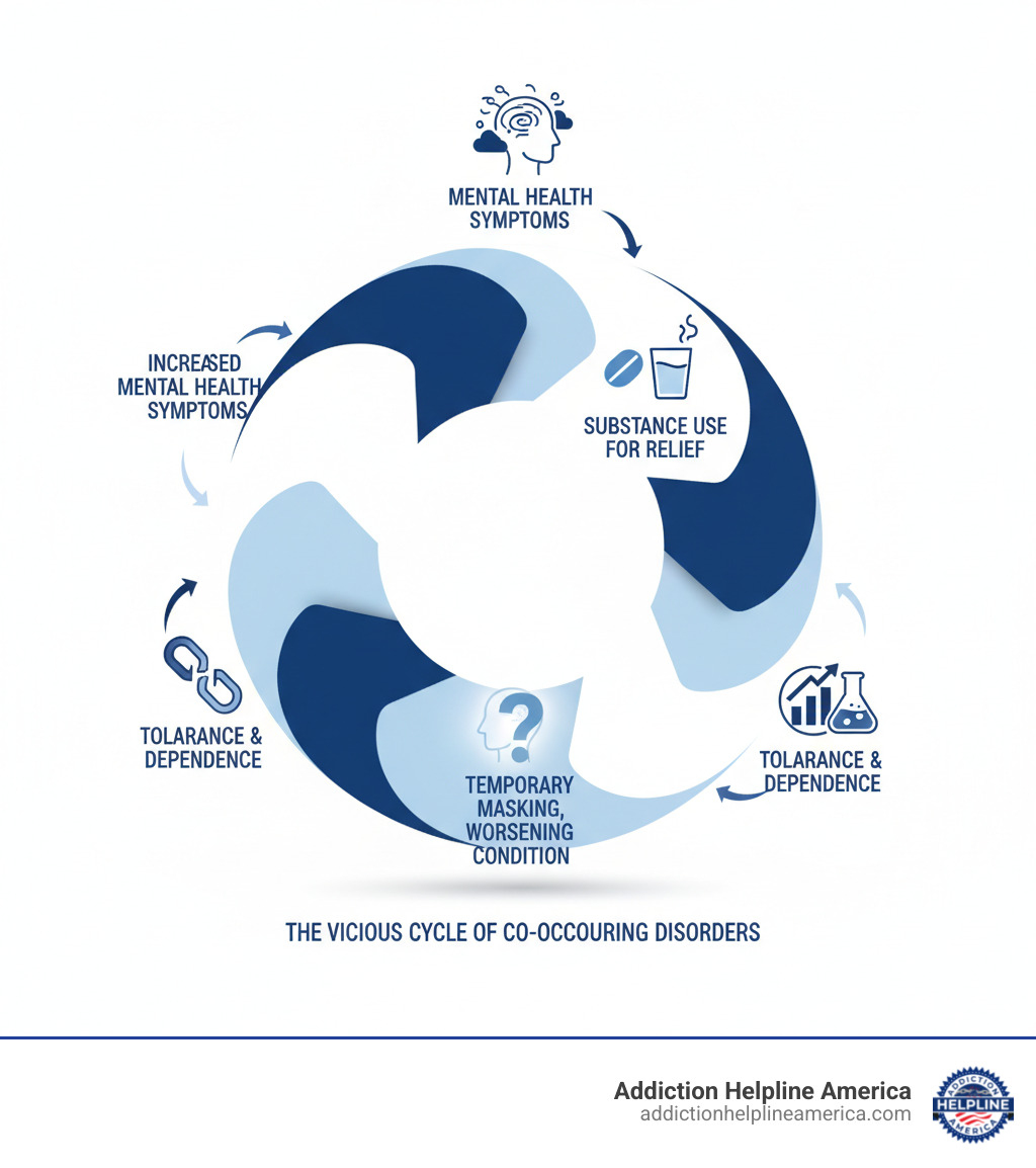 Detailed infographic showing the cycle of co-occurring disorders: Mental health symptoms lead to substance use for relief, which temporarily masks symptoms but worsens the underlying condition, creating tolerance and dependence, leading back to increased mental health symptoms - addiction and mental health infographic  Detailed infographic showing the cycle of co-occurring disorders: Mental health symptoms lead to substance use for relief, which temporarily masks symptoms but worsens the underlying condition, creating tolerance and dependence, leading back to increased mental health symptoms - addiction and mental health infographic