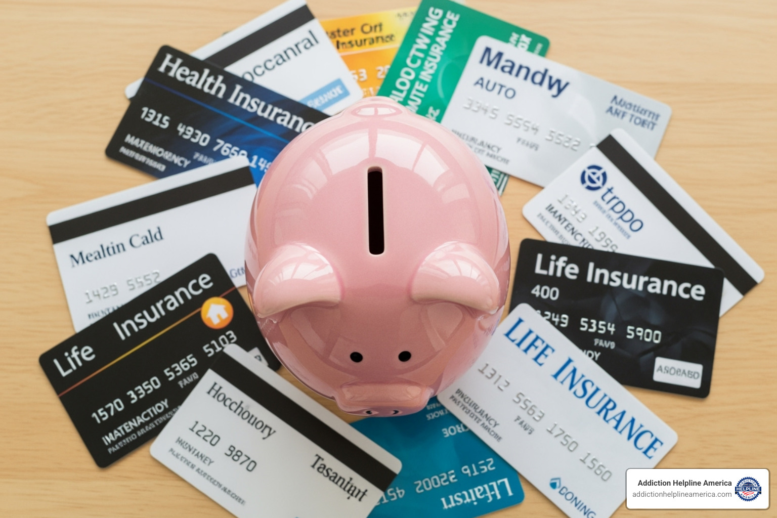 various insurance cards and a piggy bank - Addiction counseling New Orleans