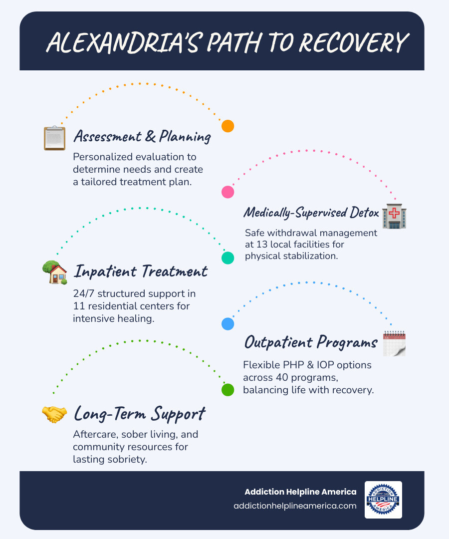 Comprehensive infographic showing the drug rehab process in Alexandria VA, from initial assessment through detox, inpatient treatment, outpatient programs, and long-term recovery support, with local statistics and available treatment levels clearly displayed - drug rehab Alexandria VA infographic infographic-line-5-steps-blues-accent_colors