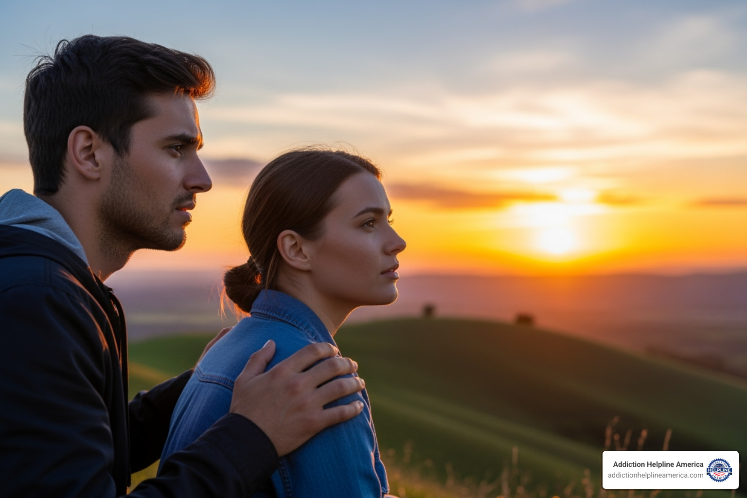 A concerned friend talking supportively to another, both looking towards a hopeful horizon - addiction and mental health A concerned friend talking supportively to another, both looking towards a hopeful horizon - addiction and mental health