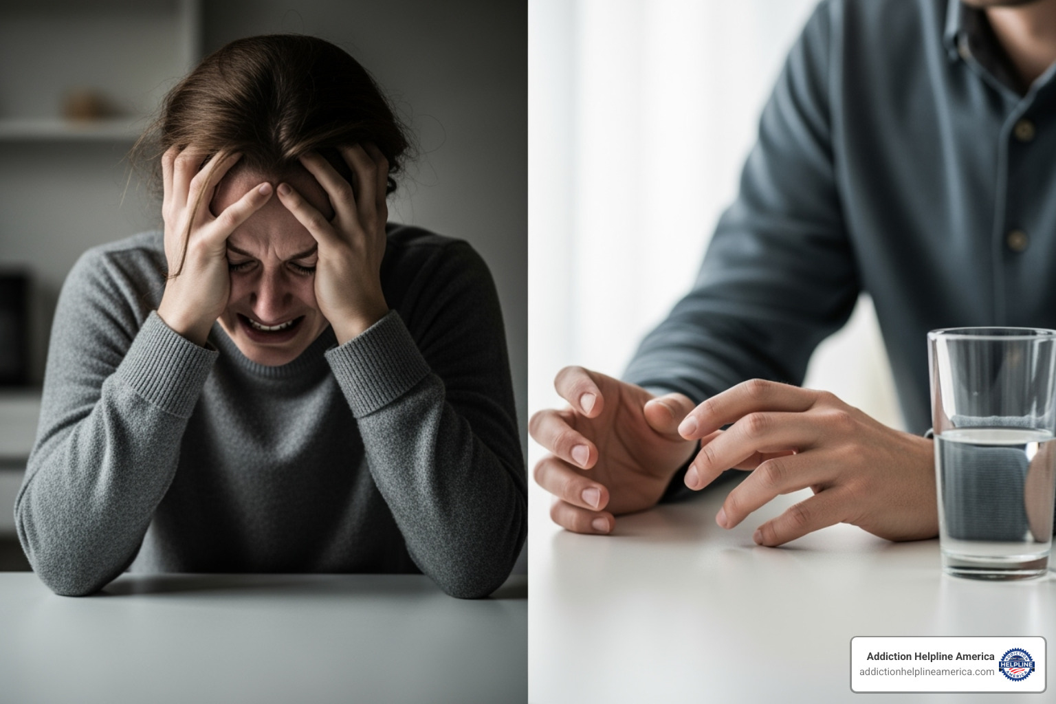 Image illustrating the contrast between physical and psychological withdrawal symptoms, with a person clutching their head in distress on one side and a person experiencing tremors on the other - benzo withdrawal help Image illustrating the contrast between physical and psychological withdrawal symptoms, with a person clutching their head in distress on one side and a person experiencing tremors on the other - benzo withdrawal help