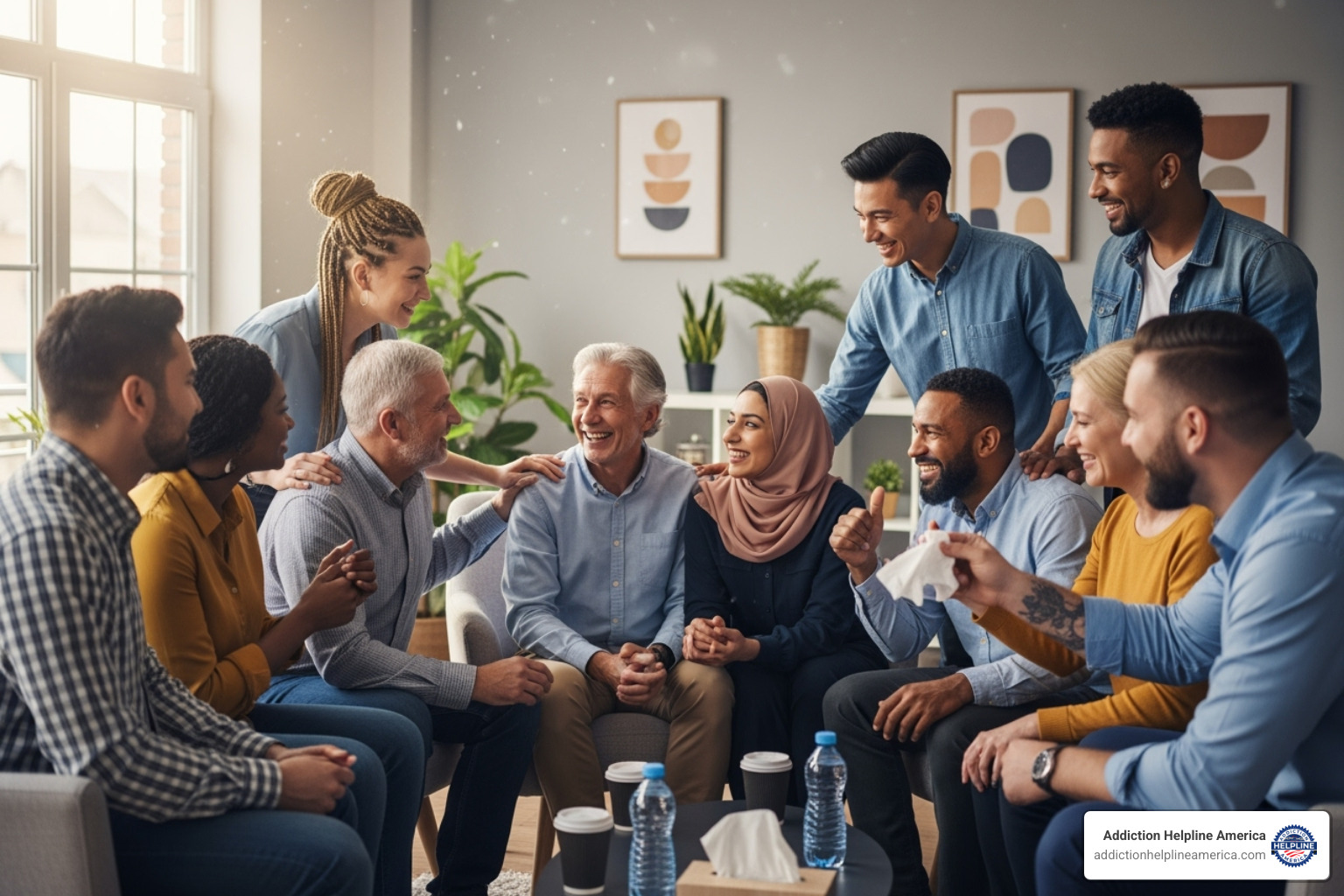 Diverse group of people smiling and supporting each other in a recovery setting - how to choose sober living